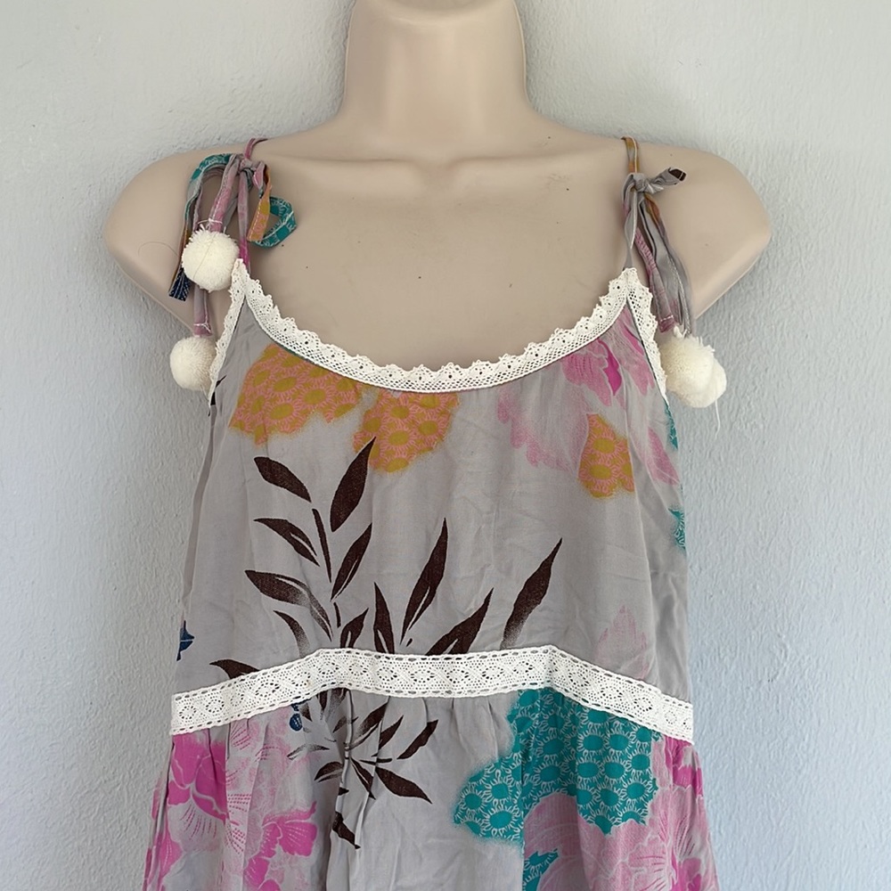 Ocean Drive gray tropical floral tie strap backless pom pom dress size medium - Picture 3 of 10